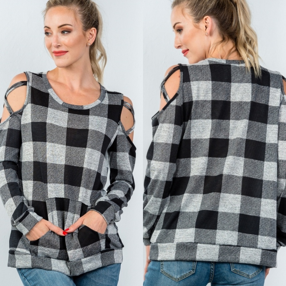 🖤Black & Gray Plaid Crisscross Cold Shoulder Top
